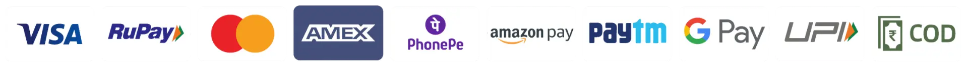 Logos of various payment methods including Visa, RuPay, Mastercard, AMEX, PhonePe, Amazon Pay, PayPal, Google Pay, and iZettle.