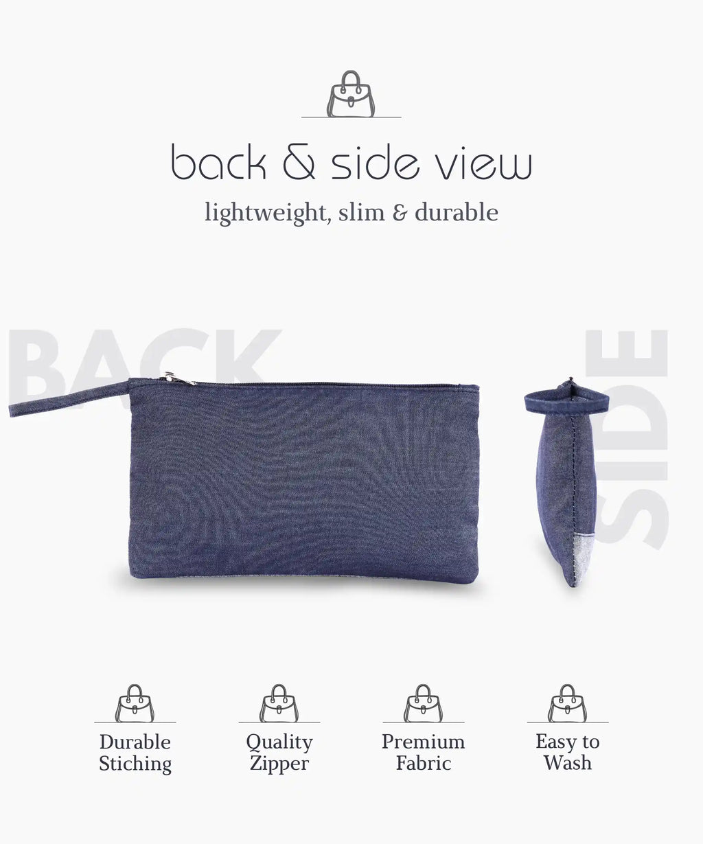 Denim Zipper Pouch for Women & Men, Multipurpose Travel Organizer, Stationery Bag, Cosmetic Bag, Clutch Wallet, Premium Jeans Fabric, Lightweight & Durable