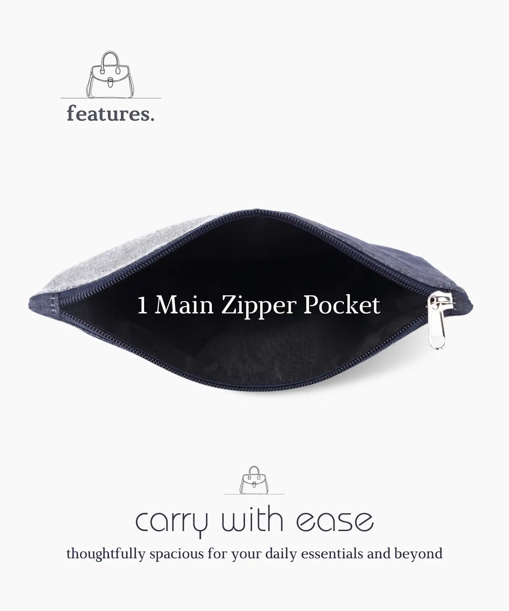 Denim Zipper Pouch for Women & Men, Multipurpose Travel Organizer, Stationery Bag, Cosmetic Bag, Clutch Wallet, Premium Jeans Fabric, Lightweight & Durable, 22x15 cm - Denim Blue