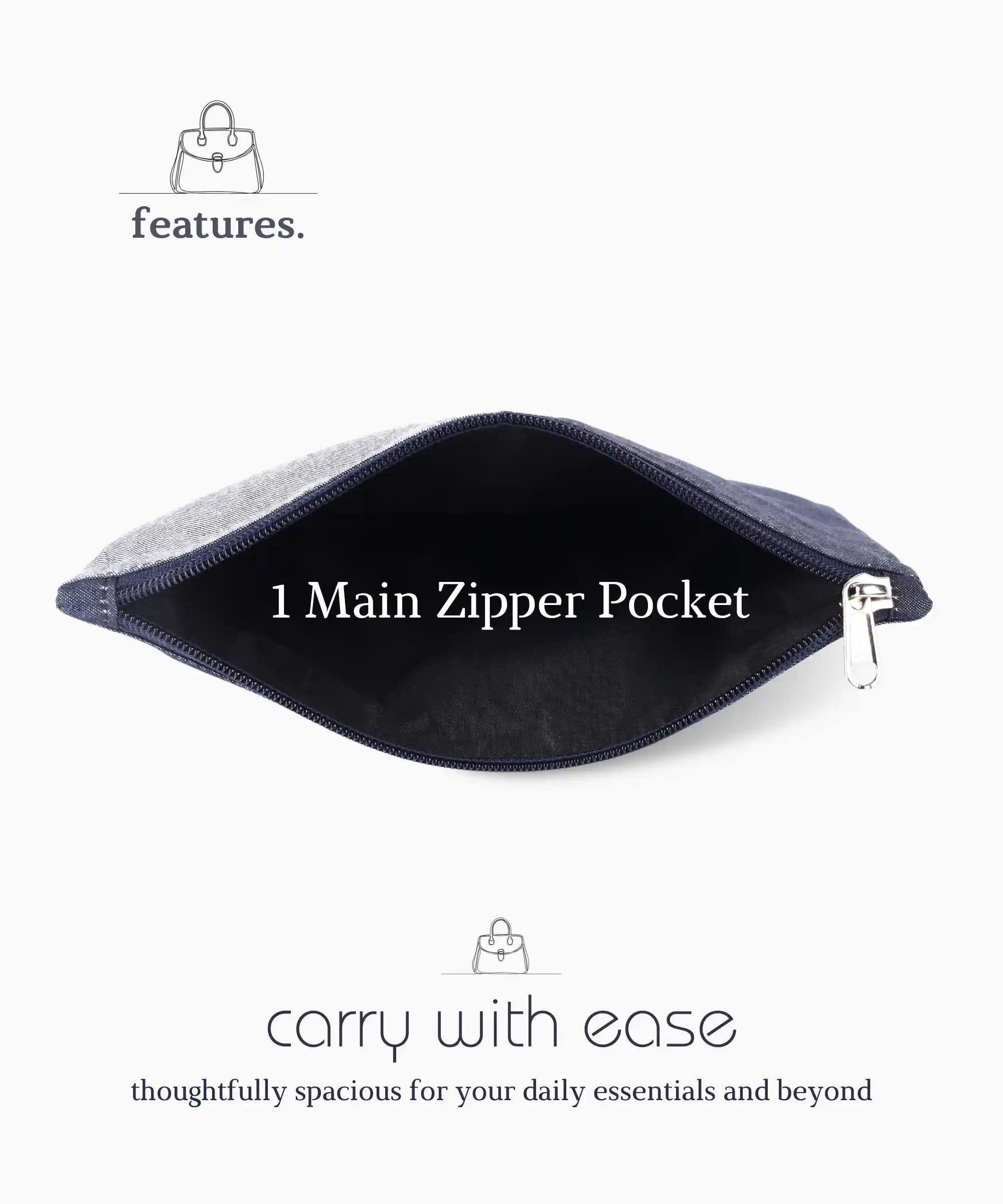 Denim Zipper Pouch for Women & Men, Multipurpose Travel Organizer, Stationery Bag, Cosmetic Bag, Clutch Wallet, Premium Jeans Fabric, Lightweight & Durable, 22x15 cm - Denim Blue
