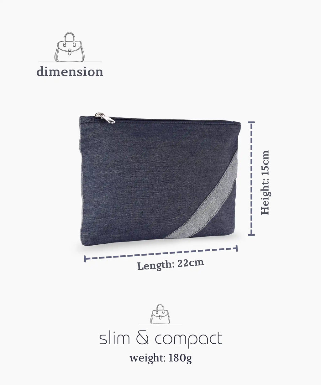 Denim Zipper Pouch for Women & Men, Multipurpose Travel Organizer, Stationery Bag, Cosmetic Bag, Clutch Wallet, Premium Jeans Fabric, Lightweight & Durable, 22x15 cm - Denim Blue