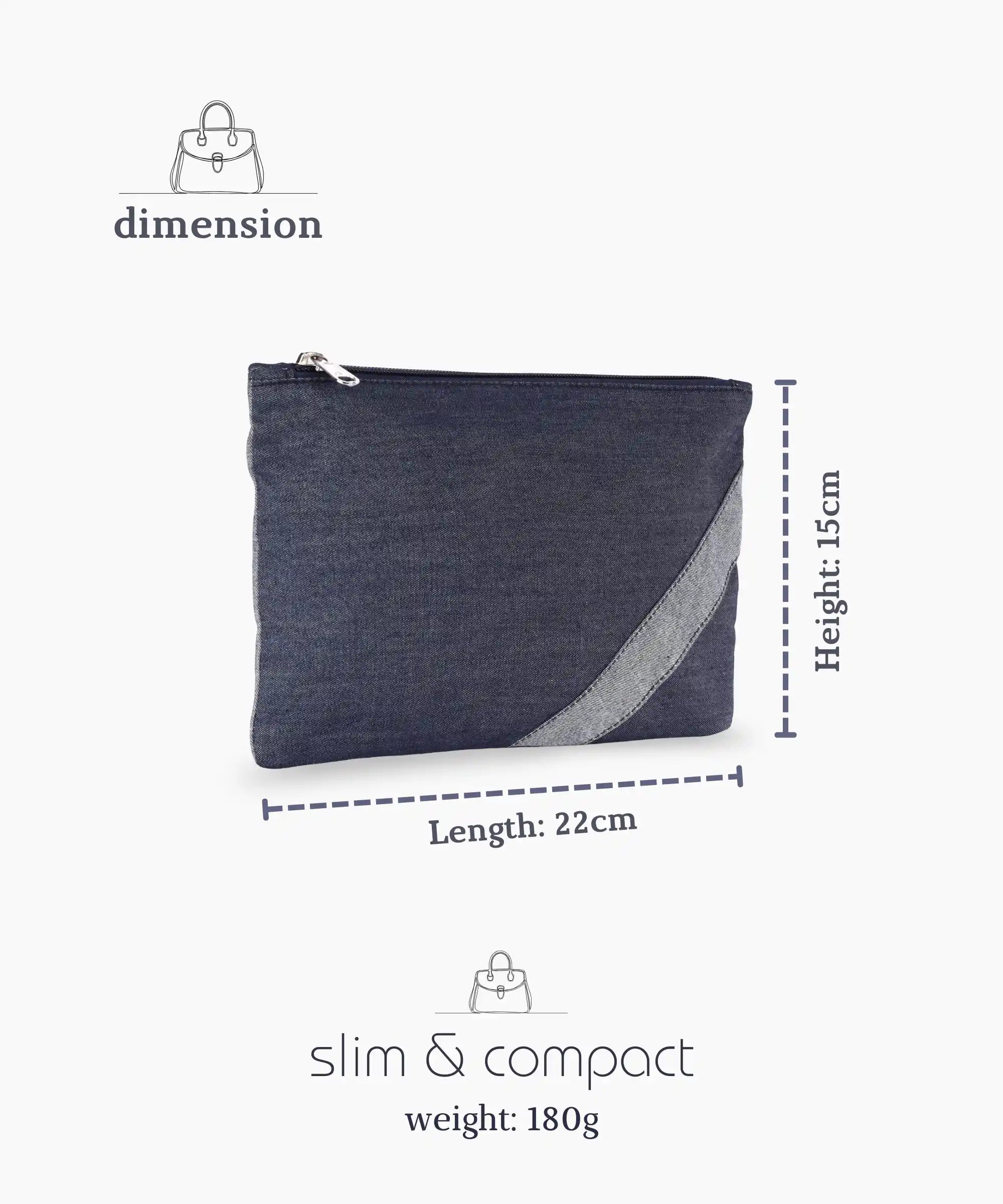 Denim Zipper Pouch for Women & Men, Multipurpose Travel Organizer, Stationery Bag, Cosmetic Bag, Clutch Wallet, Premium Jeans Fabric, Lightweight & Durable, 22x15 cm - Denim Blue
