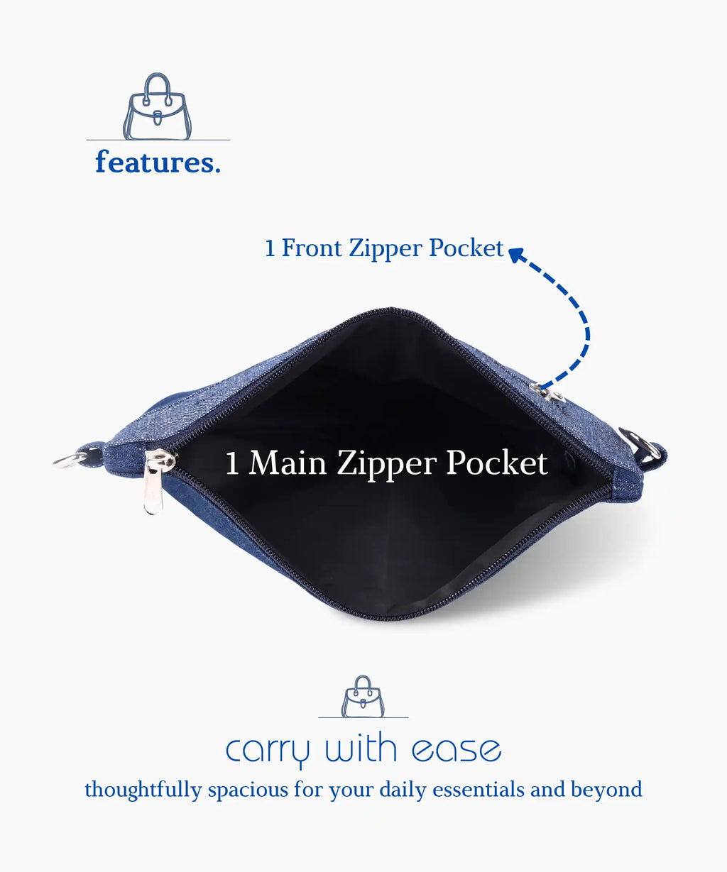 Unisex Denim Sling Bag for Men & Women Crossbody Side Bag with Adjustable Removable Strap Multiple Zipper Pockets Lightweight Travel Casual Daily Use Bag Blue